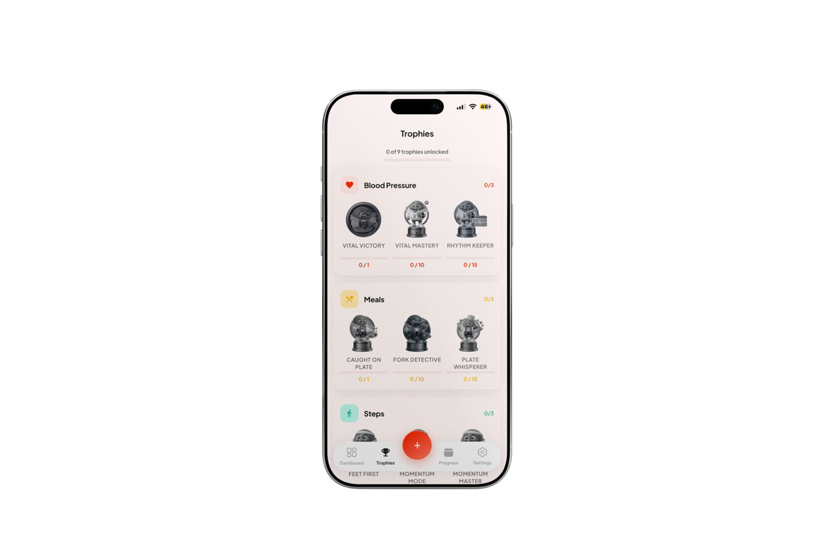 Blood Health AI trophies screen with 0 of 9 trophies unlocked