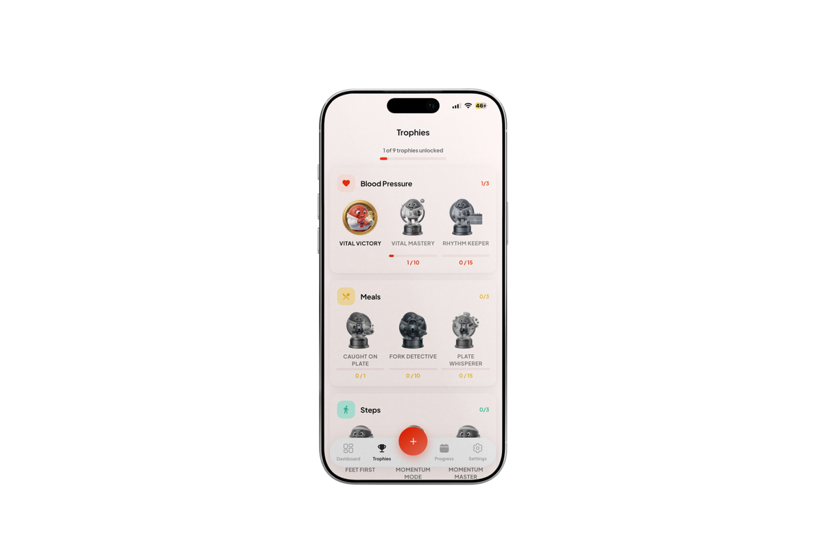 Blood Health AI trophies screen with the first blood pressure trophy unlocked