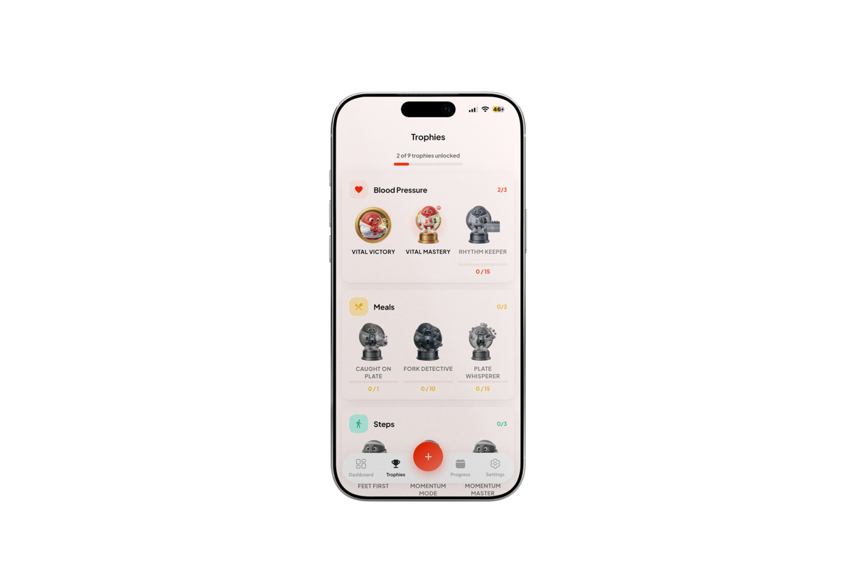 Blood Health AI trophies screen with two blood pressure trophies unlocked