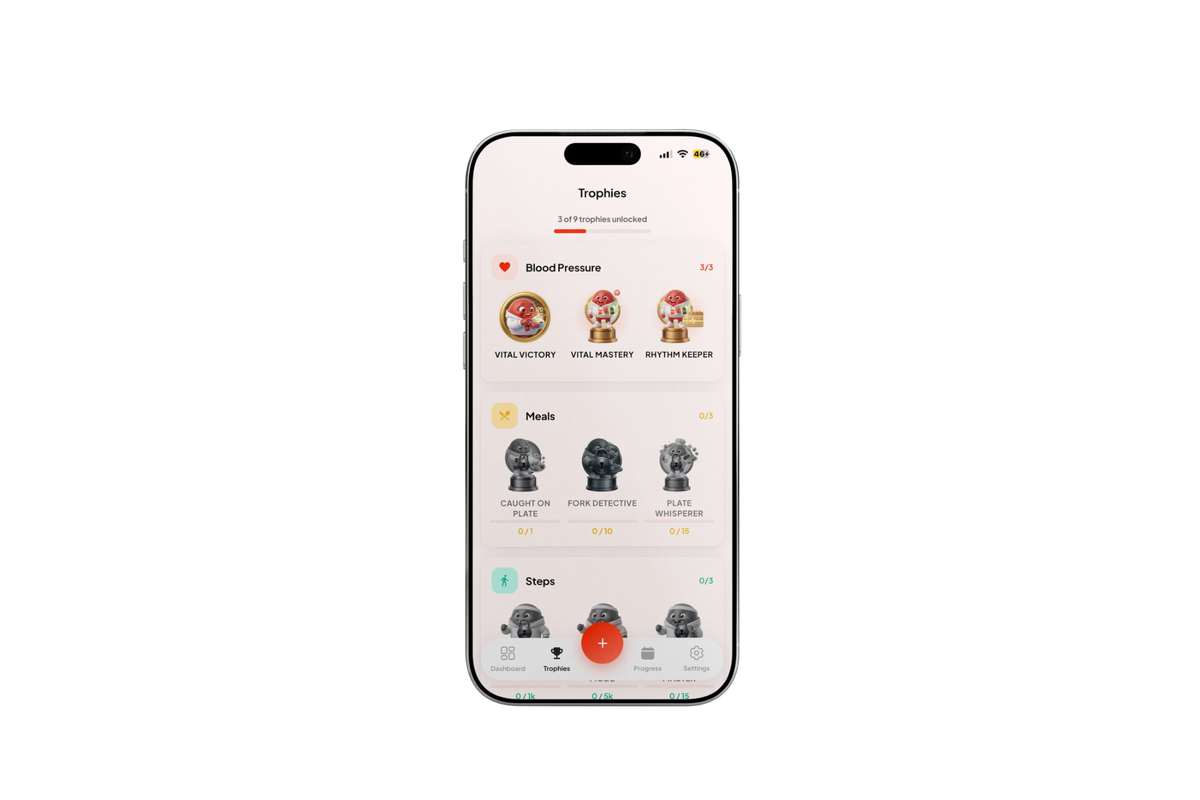 Blood Health AI trophies screen with all three blood pressure trophies unlocked