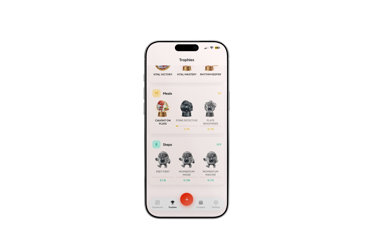 Blood Health AI trophies screen with the first meals trophy unlocked
