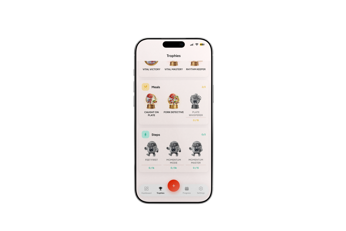 Blood Health AI trophies screen with two meals trophies unlocked