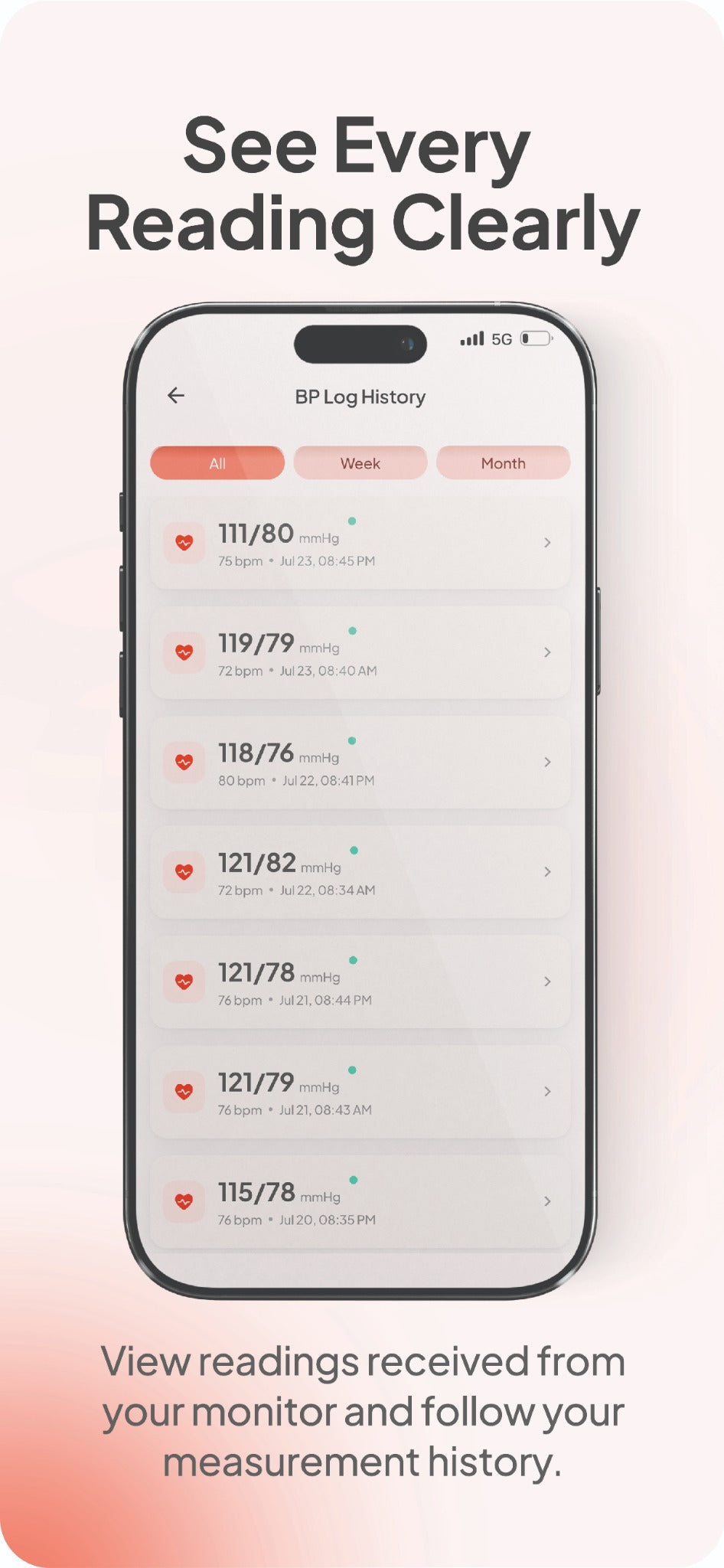 Blood Health AI app blood pressure log showing recent readings